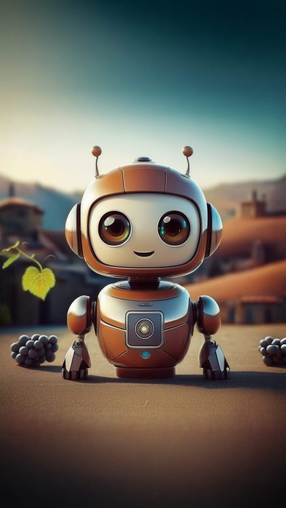 Eki, der freundliche Chatbot der Gemeinde Ehrenkirchen, als Roboter mit großen Augen und Weinreben im Hintergrund.